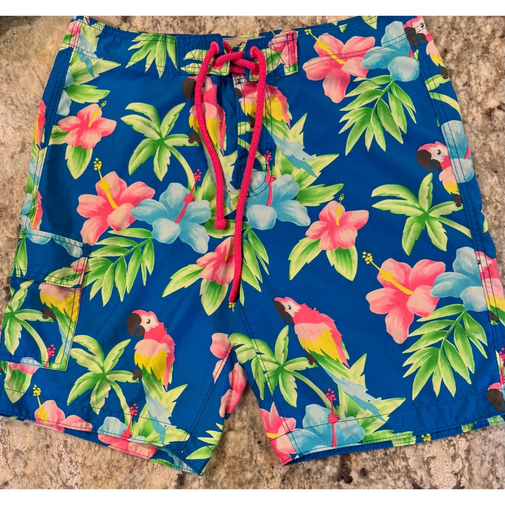 Hollister Mens Blue Tropical Parrot Floral Board Shorts Swim Trunks Cargo Pocket